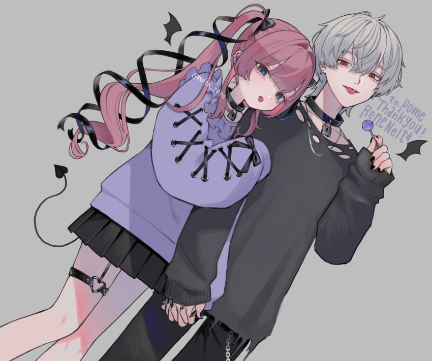 1boy 1girl :p absurdres black_collar black_nails black_pants black_ribbon black_skirt candy collar commission couple cross-laced_clothes cross-laced_sleeves demon_tail detached_wings ear_piercing food grey_background grey_eyes grey_hair grey_sweater hair_ribbon highres holding holding_candy holding_food holding_lollipop interlocked_fingers jirai_kei lollipop long_hair looking_at_viewer mini_wings nelta_rene original pants piercing pink_hair pleated_skirt purple_sweater red_eyes ribbon simple_background skeb_commission skirt sleeves_past_wrists sweater tail thigh_strap tongue tongue_out twintails wings