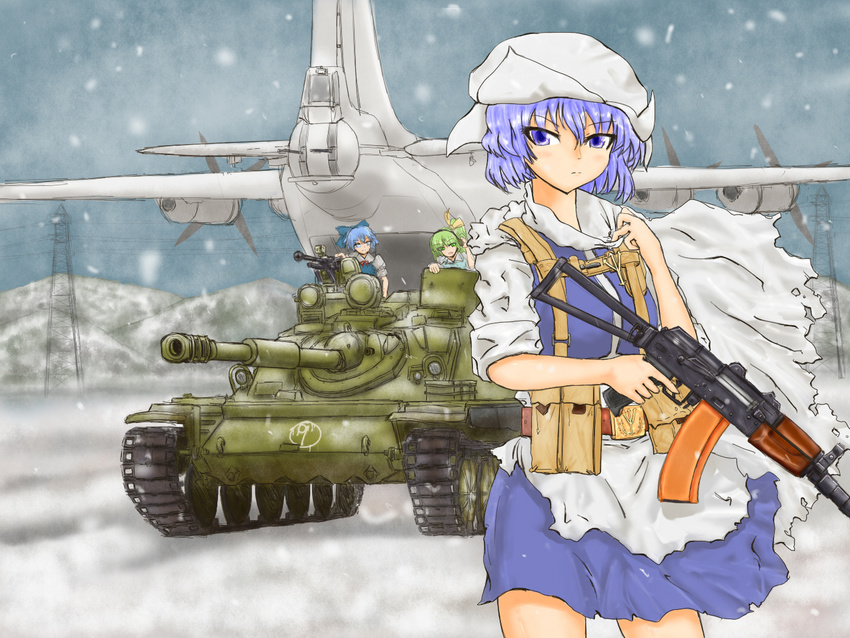 3girls aircraft airplane aks-74u an-12 assault_rifle asu-85 bad_id bad_pixiv_id caterpillar_tracks cirno daiyousei ground_vehicle gun kal_abiner letty_whiterock military military_vehicle motor_vehicle multiple_girls rifle self-propelled_gun side_ponytail snow tank touhou weapon