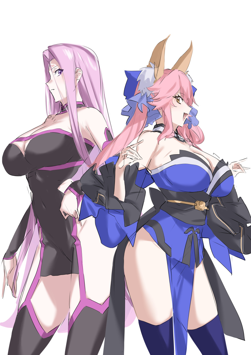 2girls absurdres animal_ear_fluff animal_ears bare_shoulders black_dress black_thighhighs blue_bow blue_kimono blue_thighhighs bow breasts cleavage collar covered_navel detached_collar detached_sleeves dress facial_mark fate/extra fate/grand_order fate/stay_night fate_(series) forehead forehead_mark fox_ears fox_girl fox_shadow_puppet garter_straps hair_between_eyes hair_bow highres japanese_clothes kimono large_breasts long_hair looking_at_viewer medusa_(fate) medusa_(rider)_(fate) medusa_(rider)_(third_ascension)_(fate) mogi_yasunobu multiple_girls obi open_mouth parted_bangs pelvic_curtain pink_hair purple_eyes purple_hair sash short_dress side_slit sidelocks smile tamamo_(fate) tamamo_no_mae_(fate/extra) thighhighs thighs twintails very_long_hair wide_sleeves yellow_eyes