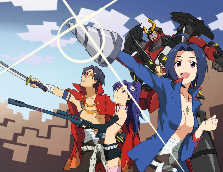 2girls :d absurdres ahoge animal bad_id bad_pixiv_id black_hair blue_hair boota boota_(cosplay) breasts cape cosplay creator_connection drill gun hair_ornament hairclip hamster hamuzou highres idolmaster idolmaster_(classic) jewelry kamina kamina_(cosplay) kisaragi_chihaya long_hair mecha medium_breasts miura_azusa multiple_girls necklace no_bra open_mouth ponytail producer_(idolmaster) scarf short_hair shorts simon simon_(cosplay) skull smile sunglasses sword taku1122 tengen_toppa_gurren_lagann thighhighs weapon yoko_littner yoko_littner_(cosplay)