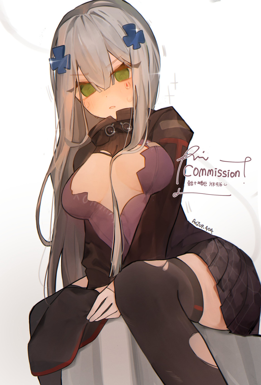 1girl @_@ absurdres anzup_404 beret black_headwear black_thighhighs blush breasts commission cross_hair_ornament girls'_frontline gloves green_eyes grey_hair hair_between_breasts hair_ornament hat highres hk416_(girls'_frontline) holding holding_clothes holding_hat long_hair simple_background sitting solo teardrop thighhighs torn_clothes torn_thighhighs twitter_username white_gloves