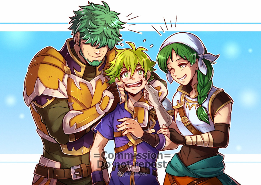 1girl 2boys armor artist_name bandaged_arm bandages bandana blue_background blush border braid cheek_pinching closed_mouth commentary commission english_commentary eyelashes fire_emblem fire_emblem:_the_binding_blade fire_emblem:_the_blazing_blade freckles green_eyes green_hair gzei hair_between_eyes long_hair lowen_(fire_emblem) multiple_boys notice_lines one_eye_closed outside_border pinching rebecca_(fire_emblem) short_hair single_braid smile teeth twitter_username watermark white_bandana white_border wolt_(fire_emblem)