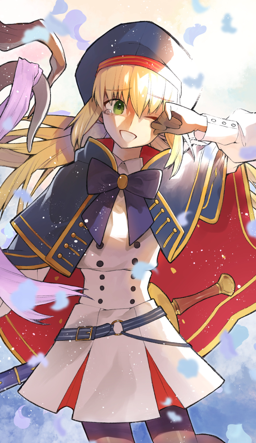 1girl artoria_caster_(fate) artoria_caster_(second_ascension)_(fate) artoria_pendragon_(fate) beret black_gloves blonde_hair bow cape dress fate/grand_order fate_(series) gloves green_eyes hat highres holding holding_staff kujiraoka long_sleeves one_eye_closed pantyhose solo_focus staff sword tears weapon white_dress wiping_tears