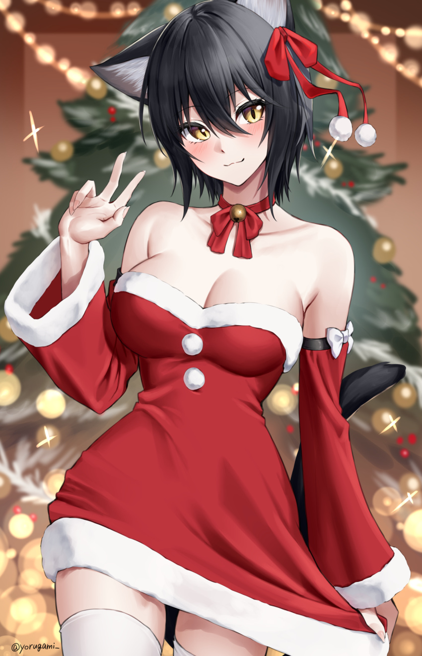 1girl animal_ear_fluff animal_ears bare_shoulders bell black_hair blurry blurry_background blush bow breasts brown_eyes cat_ears cat_girl cat_tail choker christmas christmas_ornaments christmas_tree cleavage closed_mouth collarbone commentary depth_of_field detached_sleeves dress english_commentary fur-trimmed_dress fur-trimmed_sleeves fur_trim hair_between_eyes hand_up highres jingle_bell long_sleeves looking_at_viewer medium_breasts neck_bell original red_bow red_choker red_sleeves santa_costume smile solo strapless strapless_dress tail thighhighs twitter_username v white_thighhighs wide_sleeves yorugami_rei