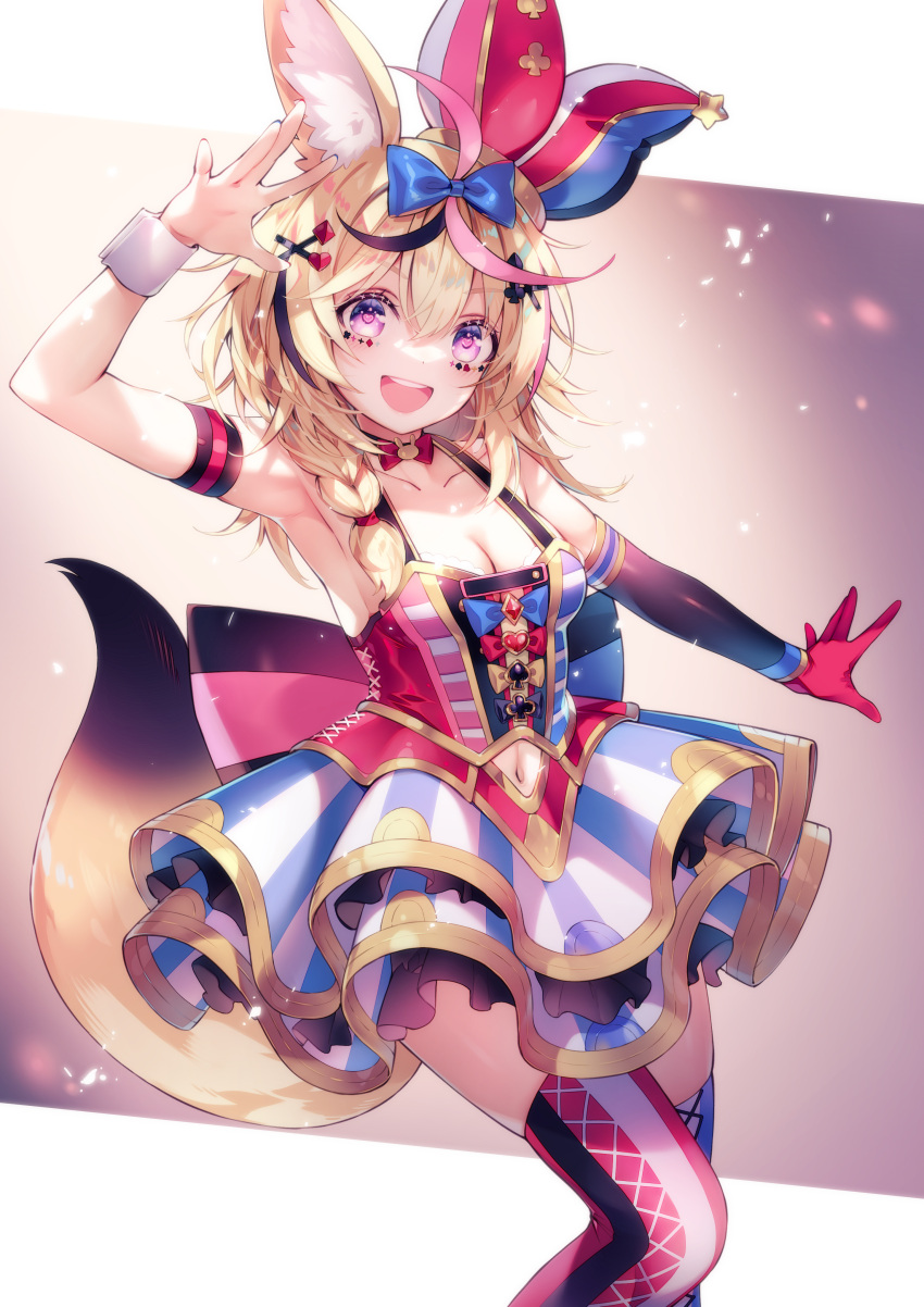 1girl absurdres animal_ear_fluff animal_ears arm_up armpits asymmetrical_legwear blonde_hair blue_thighhighs bow braid breasts cleavage clothing_cutout commission elbow_gloves fox_ears fox_girl fox_tail gloves hair_bow hat highres hirano_katsuyuki hololive jester_cap looking_at_viewer miniskirt mismatched_legwear navel navel_cutout omaru_polka omaru_polka_(1st_costume) open_mouth outstretched_arm pink_eyes pixiv_commission red_gloves red_thighhighs ribbon shirt short_hair single_elbow_glove single_glove skirt sleeveless sleeveless_shirt smile solo striped_clothes striped_skirt tail thighhighs thighs virtual_youtuber wrist_cuffs