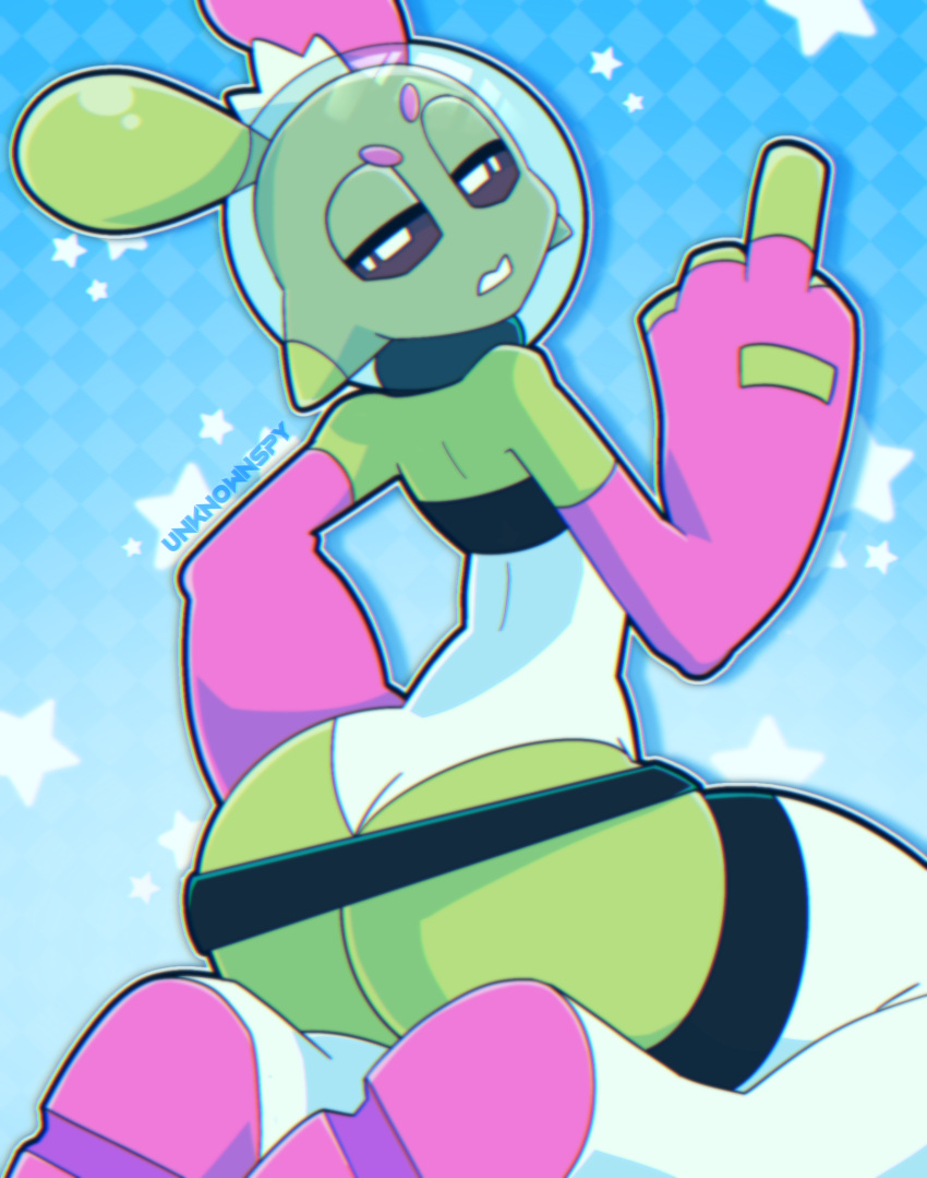 alien alien_humanoid ambiguous_gender antennae_(anatomy) big_butt black_eyes blue_background boots butt checkered_background clothing crown fingerless_gloves footwear gesture gloves green_body green_skin handwear headgear headwear hi_res humanoid middle_finger nonbinary_(lore) pattern_background pink_clothing pink_gloves pink_handwear roswell_grey simple_background solo sploot_(unknownspy) star unknownspy watermark white_boots white_clothing white_footwear