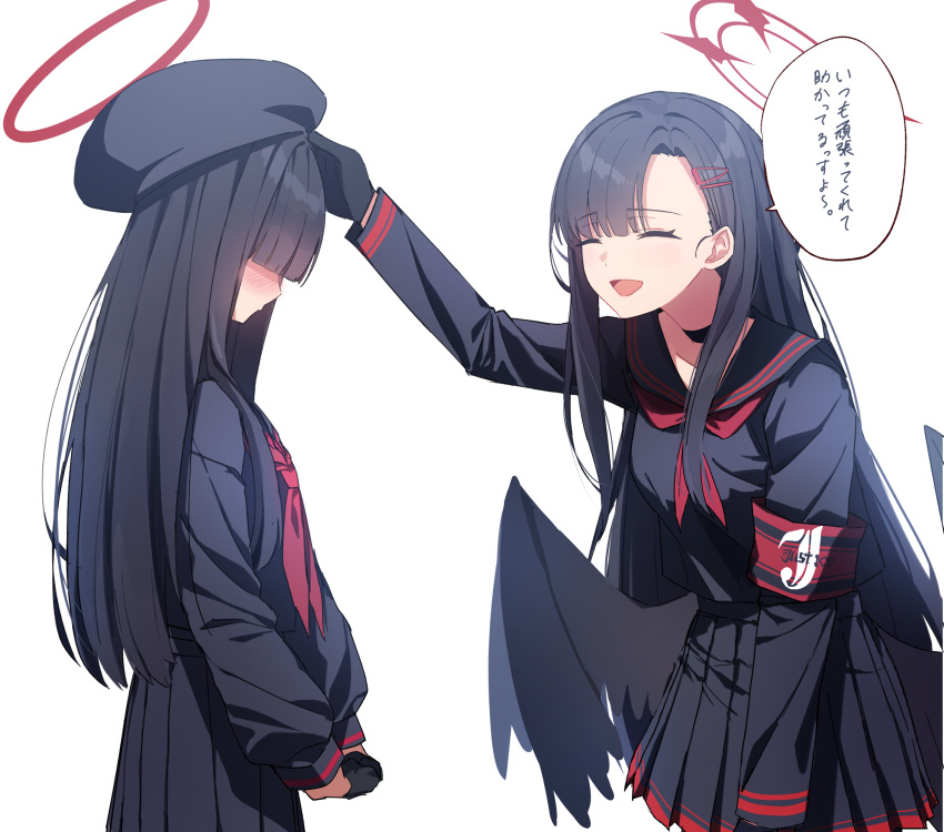 2girls absurdres armband beret black_choker black_hair black_headwear black_sailor_collar black_serafuku black_skirt black_wings blue_archive blush choker closed_eyes closed_mouth halo hat highres ichika_(blue_archive) justice_task_force_member_(blue_archive) long_hair long_sleeves multiple_girls neckerchief open_mouth pleated_skirt puffy_long_sleeves puffy_sleeves red_armband red_halo red_neckerchief sailor_collar school_uniform serafuku simple_background skirt smile speech_bubble sumutemu translation_request white_background wings