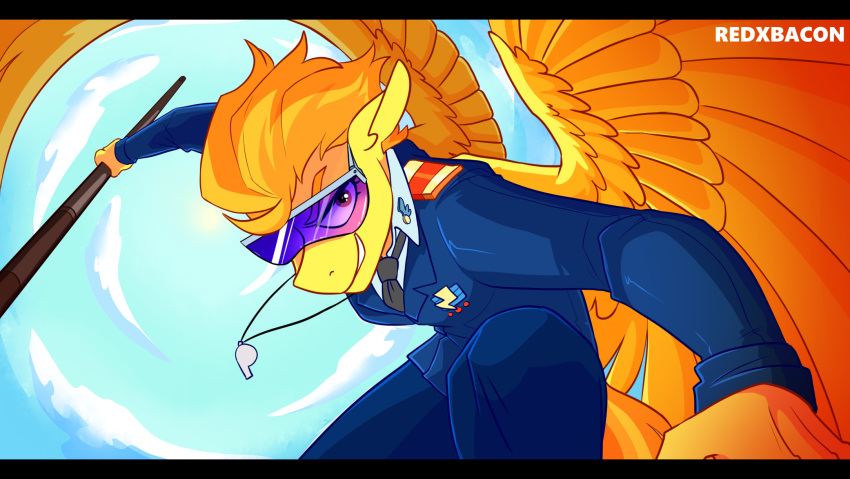 amber_eyes anthro clothing cloud equid equine eyewear female friendship_is_magic fur hair hasbro hi_res low-angle_view mammal my_little_pony necktie orange_hair pegasus redxbacon spitfire_(mlp) staff sunglasses uniform whistle_(object) wings wonderbolts_(mlp) worm's-eye_view yellow_body yellow_fur