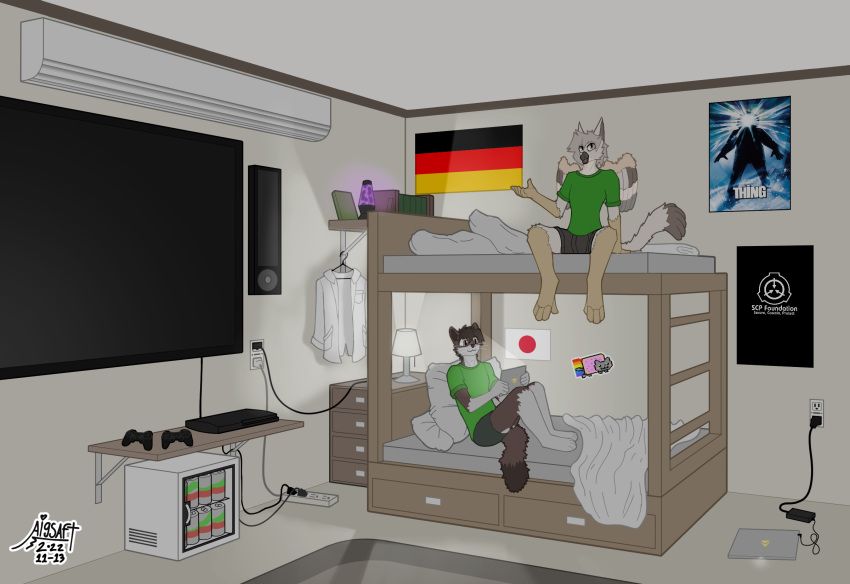 accipitriform aigsaft air_conditioner appliance avian bed bird book bottomwear brown_body brown_eyes brown_fur brown_hair bunk_bed canned_drink carpet clothes_hanger clothing coat computer controller digitigrade drawer drawers duo duvet electronics fluffy fluffy_tail fridge fur furniture furniture_lamp game_controller german_flag green_bottomwear green_clothing green_pants green_shirt green_t-shirt green_topwear grey_body grey_hair hair hi_res holding_tablet inside japanese_flag kitchen_appliance lab_coat lamp laptop lava_lamp looking_at_object looking_at_phone male mammal marcel_gott_(aigsaft) mattress medium_hair multicolored_body mustelid musteline nyan_cat_(copyright) open_hand outlet pants paws pillow playstation playstation_console playstation_controller poster raised_hand ryu_izumi_(aigsaft) shaded shelf shirt short_hair simple_shading sony_corporation sony_interactive_entertainment speaker stoat supporting t-shirt tail television the_thing topwear true_musteline two_tone_body weasel white_body white_fur wings yellow_eyes
