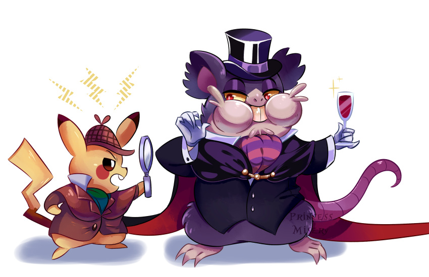 5_fingers absurd_res anthro cc-by-nc-nd clothed clothing creative_commons detective_pikachu disney duo fingers generation_1_pokemon hat headgear headwear hi_res holding_object magnifying_glass male mammal nintendo pikachu pokemon pokemon_(species) princessmisery rodent tail the_great_mouse_detective top_hat