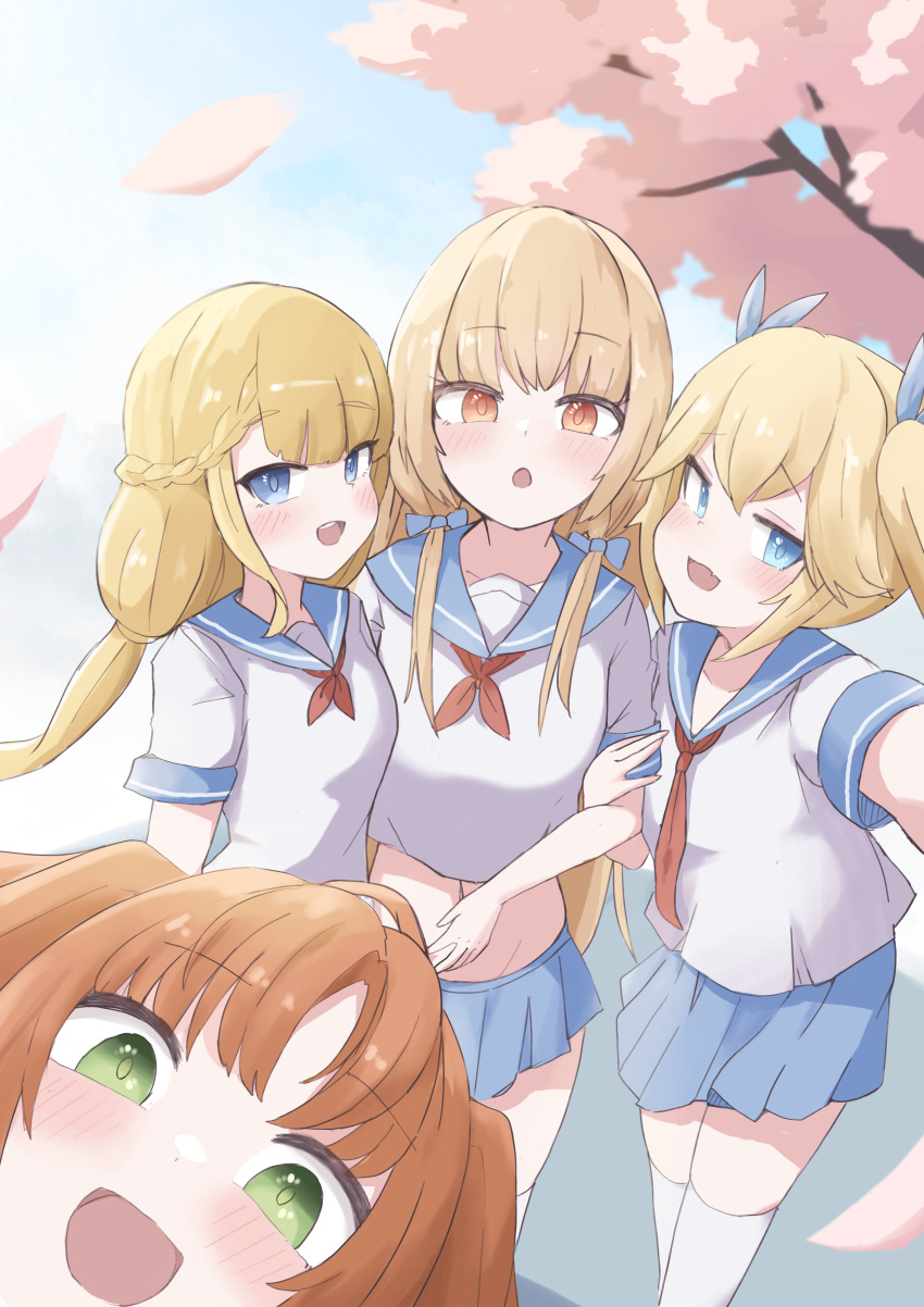 4girls :d :o absurdres arm_at_side arm_hug arm_up blonde_hair blue_bow blue_eyes blue_sailor_collar blue_skirt blush bow braid breasts brown_eyes brown_hair cherry_blossoms crop_top day falling_petals fang feet_out_of_frame green_eyes hair_between_eyes hair_bow hand_up highres jitome kotori_photobomb last_origin long_hair looking_at_viewer looking_to_the_side low_twintails midriff miniskirt multiple_girls navel neckerchief nereid_(last_origin) open_mouth outdoors parted_bangs petals photobomb pleated_skirt qz red_neckerchief sailor_collar school_uniform selfie serafuku shirt short_sleeves sidelocks sideways_glance sirene_(last_origin) skin_fang skirt small_breasts smile standing straight_hair teeth thetis_(last_origin) thighhighs tree twintails undine_(last_origin) upper_teeth_only white_shirt white_thighhighs zettai_ryouiki