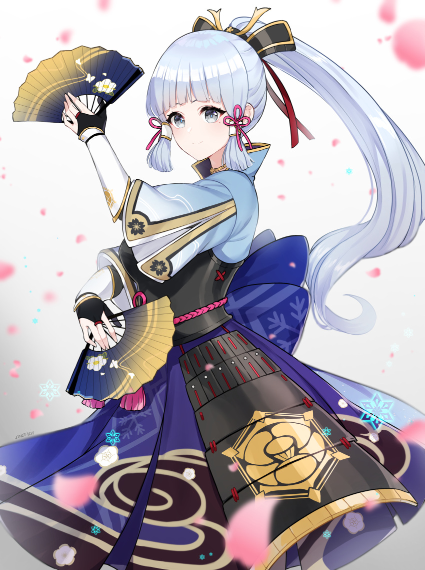 1girl absurdres armor artist_name back_bow blue_bow blue_eyes blue_hair blue_hakama blue_skirt blunt_bangs bow breastplate cherry_blossoms closed_mouth commentary genshin_impact gradient_background hair_ribbon hakama hand_fan hand_up highres holding holding_fan japanese_clothes kamisato_ayaka light_blue_hair long_hair looking_at_viewer mole mole_under_eye ponytail red_ribbon ribbon sakotach skirt smile solo tress_ribbon upper_body