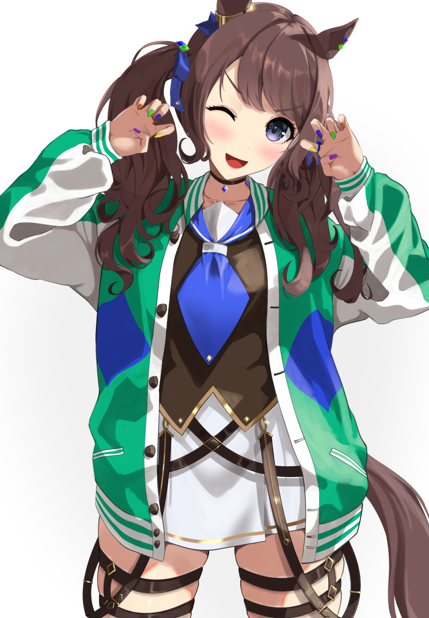 1girl absurdres animal_ears azuki_(azuki_azukki) blue_neckerchief blunt_bangs brown_hair choker collarbone cowboy_shot dated finger_to_mouth gold_nails grey_eyes hand_in_pocket highres horse_ears horse_girl jacket letterman_jacket long_hair long_sleeves nail_polish neckerchief one_eye_closed open_clothes open_jacket sailor_collar shirt simple_background solo thigh_strap tosen_jordan_(umamusume) twintails twitter_username umamusume white_background