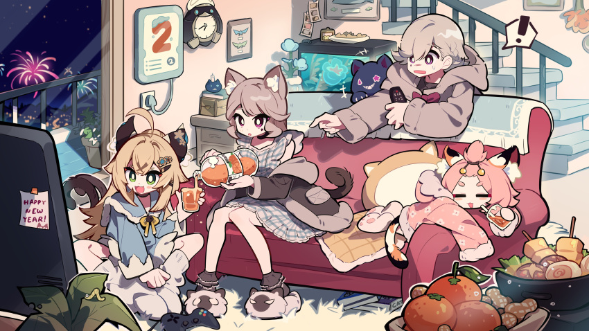 ! +++ 1boy 3girls :3 :d :o =_= absurdres ahoge alternate_costume animal_ear_fluff animal_ears aquarium balcony blonde_hair blue_shirt bottle bread brown_shirt cat-shaped_pillow cat_ears cat_feet cat_girl cat_slippers cat_tail clock commentary_request controller couch cup diona_(genshin_impact) dress drinking_straw facial_mark fang fireworks food full_body game_controller genshin_impact green_eyes grey_hair happy_new_year highres holding holding_bottle holding_cup holding_remote_control hood hood_down hooded_pajamas indoors kirara_(genshin_impact) lemonade long_hair long_sleeves lynette_(genshin_impact) lyney_(genshin_impact) meadow_(morphinecaca) multicolored_tail multiple_girls multiple_tails night off_shoulder open_mouth pajamas pink_eyes pink_hair pink_pajamas pink_socks plaid plaid_dress plant potted_plant pouring purple_eyes remote_control ribbon shirt skewer smile socks spoken_exclamation_mark stairs star_(symbol) star_facial_mark sweatdrop tail television thick_eyebrows two_tails worm yellow_ribbon