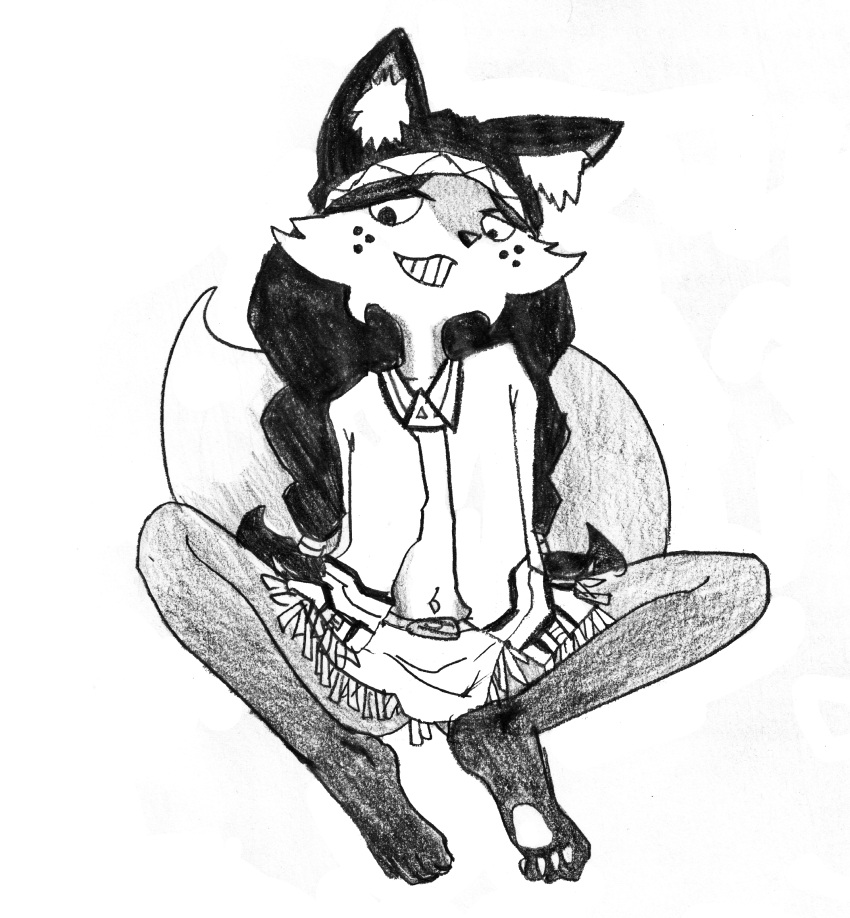 absurd_res anthro asian_clothing barefoot big_ears black_hair braided_hair breasts canid canine canis cheek_tuft clothed clothing efradraws eyebrows facial_tuft feet female footwear fox fur graphite_(artwork) hair hi_res hippie inner_ear_fluff mammal markings mole_(marking) monochrome multicolored_body multicolored_fur navel northwind_(efradraws) partially_clothed pawpads pencil_(artwork) shongila_(northwind) simple_background simple_eyes sketch small_breasts small_waist solo traditional_media_(artwork) tuft