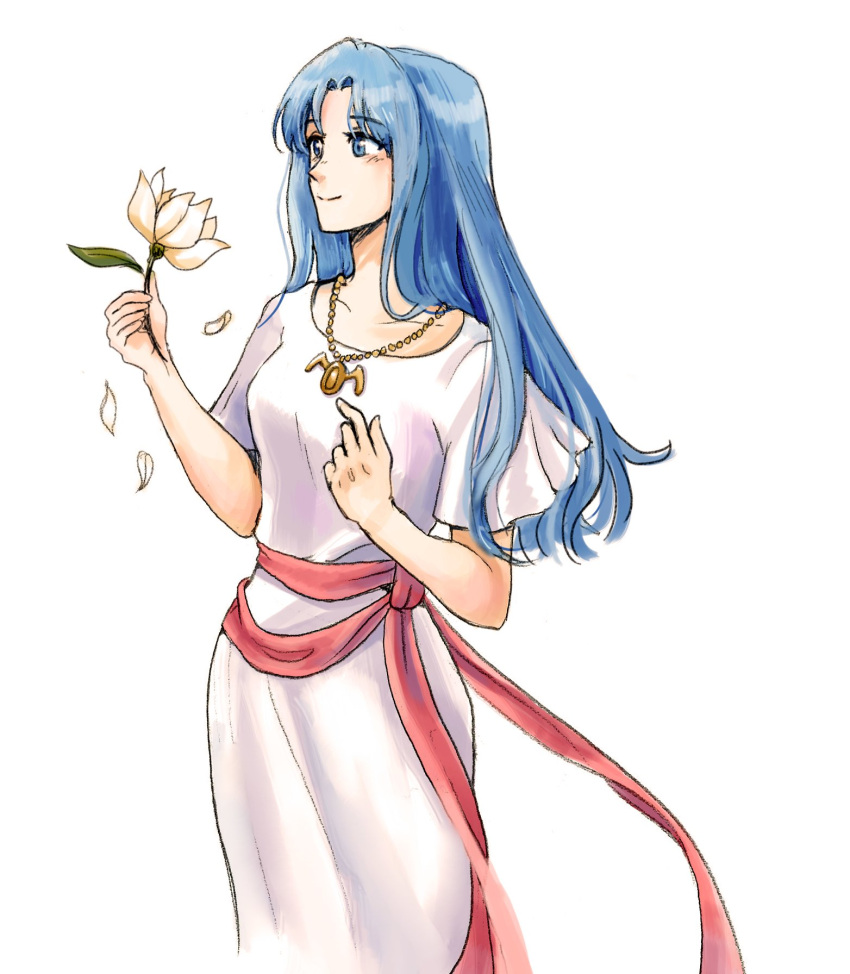 1girl ancient_ys_vanished blue_eyes blue_hair closed_mouth commentary_request curtained_hair dress falling_petals feena_(ys) floop249 flower gold_necklace highres holding holding_flower jewelry long_hair necklace petals red_sash sash simple_background smile solo standing white_background white_dress white_flower ys