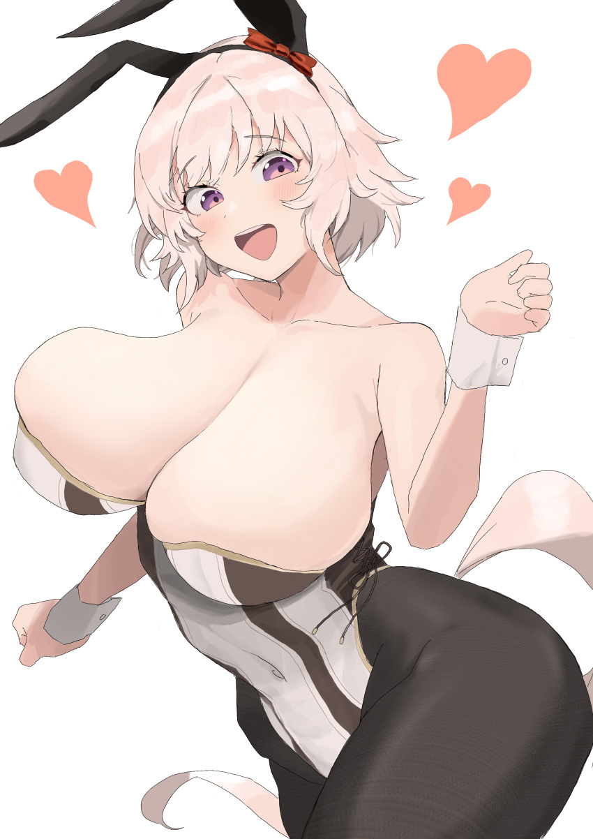 1girl absurdres alternate_costume animal_ears bare_shoulders black_pantyhose blush bow breasts cleavage commentary_request cowboy_shot curren_chan_(umamusume) dashi_kani ear_bow ear_covers grey_hair heart highleg highleg_leotard highres horse_ears horse_girl horse_tail large_breasts leotard looking_at_viewer nontraditional_playboy_bunny open_mouth pantyhose red_bow simple_background smile solo strapless strapless_leotard striped_clothes striped_leotard tail teeth umamusume upper_teeth_only white_background wrist_cuffs