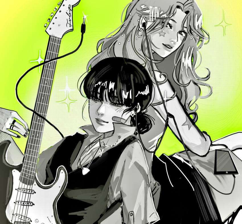 2girls audio_cable bandaid bandaid_on_face black_nails blunt_bangs blush cable cellphone earphones earrings electric_guitar fender_stratocaster green_theme greyscale_with_colored_background guitar highres hiraeth_24 instrument jewelry kininatteru_hito_ga_otoko_ja_nakatta koga_mitsuki leaning_on_person multiple_girls multiple_rings oosawa_aya phone procreate_(medium) ring shared_earphones smartphone sparkle wavy_hair