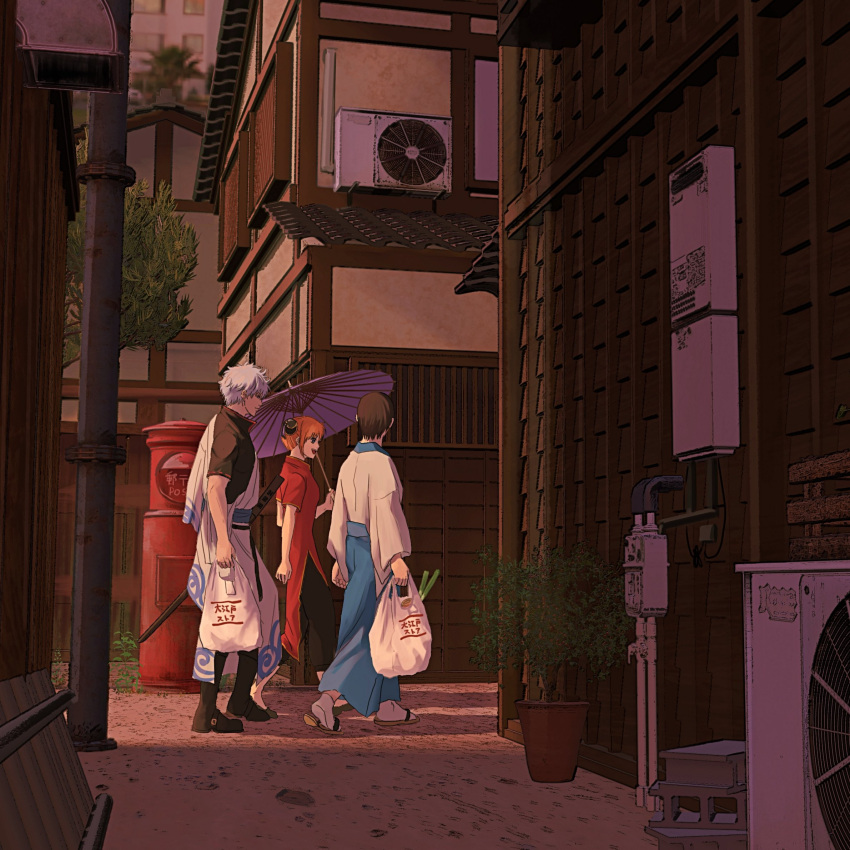 1girl 2boys air_conditioner alley architecture belt black_footwear black_hair boots bun_cover china_dress chinese_clothes double_bun dress east_asian_architecture evening full_body gintama hadanugi_dousa hair_bun highres japanese_clothes kagura_(gintama) kimono multiple_boys oil-paper_umbrella orange_hair outdoors postbox_(outgoing_mail) sakata_gintoki sandals shimura_shinpachi shooogun short_hair sword umbrella walking weapon white_hair wooden_sword zouri