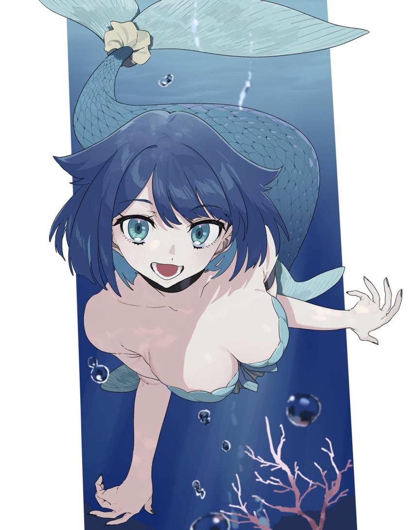 1girl :d air_bubble bikini blue_hair borrowed_character breasts bubble cleavage fukami_nana green_bikini green_eyes hair_flaps highres large_breasts looking_at_viewer lower_teeth_only machi_(wm) mermaid monster_girl original scales short_hair smile solo swimsuit teeth underwater