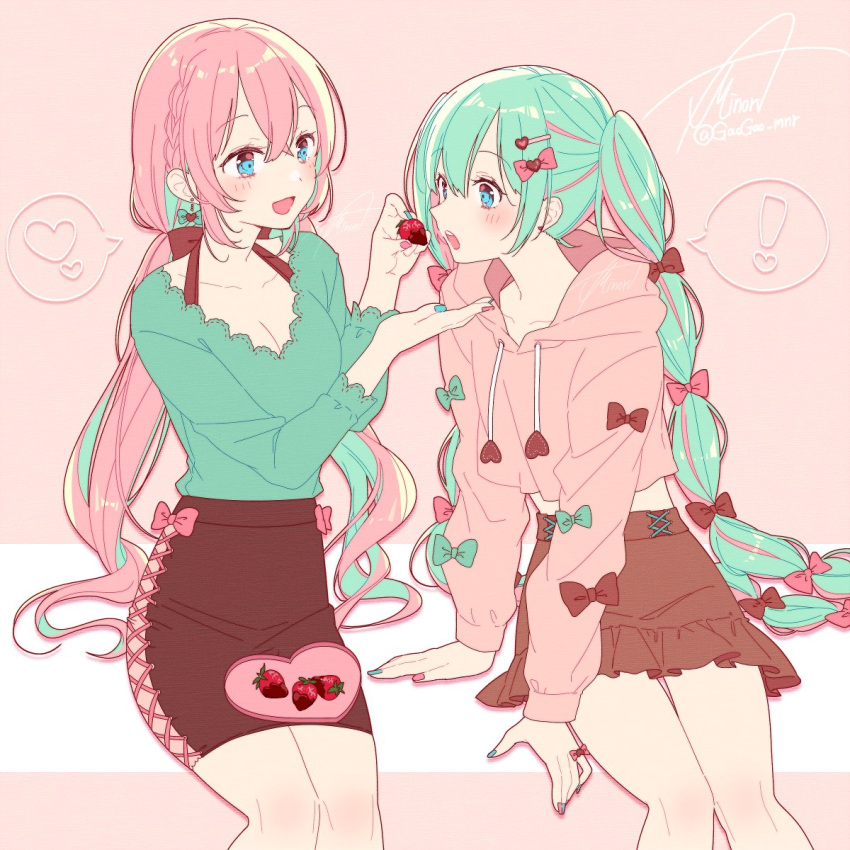 ! 2girls aqua_hair aqua_nails aqua_shirt arm_support asagao_minoru black_bow black_skirt blue_eyes blush bow box breasts chocolate cleavage collarbone commentary cropped_hoodie crossed_bangs feeding feet_out_of_frame food fruit hair_bow halterneck hatsune_miku heart heart-shaped_box highres holding holding_food hood hood_down hoodie long_hair long_sleeves looking_at_another low_twintails megurine_luka midriff_peek miniskirt multicolored_hair multiple_girls open_mouth pink_bow pink_hair pink_hoodie pink_nails shirt signature sitting skirt spoken_exclamation_mark spoken_heart strawberry symbol-only_commentary twintails twitter_username two-tone_hair valentine very_long_hair vocaloid yuri