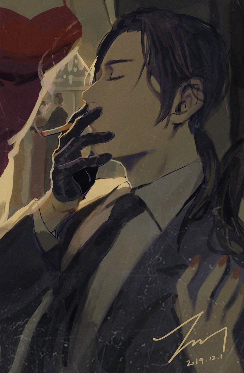 2019 2boys 2girls axis_powers_hetalia black_gloves black_hair black_necktie blazer blue_jacket breasts china_(hetalia) cigarette cleavage closed_eyes collared_shirt daligaoxin163 dated dress forehead gloves hand_on_another's_arm hand_to_own_mouth hand_up highres holding holding_cigarette indoors jacket long_hair long_sleeves male_focus medium_breasts multiple_boys multiple_girls necktie people ponytail red_dress red_nails shirt sidelocks signature smoke smoking standing upper_body