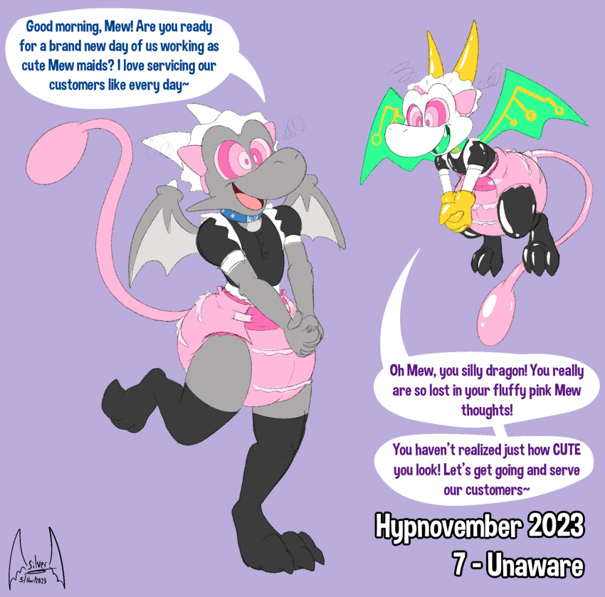 2023 4_fingers anthro big_nose biped black_clothing black_legwear clothed clothing collar control_collar costume dialogue diaper digital_drawing_(artwork) digital_media_(artwork) dragon dress duo english_text fake_ears fingers flying glistening green_wings grey_body grey_wings hi_res horn hypnosis imp latex legwear long_tail maid_uniform male membrane_(anatomy) membranous_wings mew_costume mind_control multicolored_clothing nintendo pink_clothing pink_diaper pink_eyes pink_tail pokemon pokemon_costume purple_background reboot_(soul-silver-dragon) ringed_eyes scalie simple_background size_difference soul-silver-dragon soul-silver-dragon_(character) speech_bubble spikes spikes_(anatomy) spiral tail text toony two_tone_clothing underwear uniform wearing_diaper white_body white_clothing white_horn wing_spikes wings yellow_horn