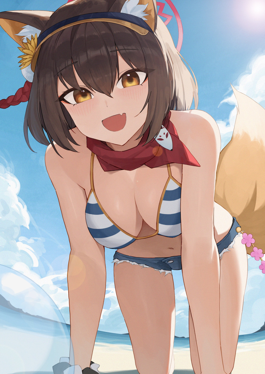 1girl absurdres all_fours animal_ears arm_support bandana bandana_around_neck bikini blue_archive blue_headwear blue_sky blush breasts brown_eyes brown_hair cleavage cloud cloudy_sky commentary day denim denim_shorts dutch_angle fang fisheye fox_ears fox_girl fox_tail hair_between_eyes halo highres izuna_(blue_archive) izuna_(swimsuit)_(blue_archive) large_breasts legs_apart looking_at_viewer medium_hair navel official_alternate_costume open_mouth outdoors red_bandana short_shorts shorts sidelocks skin_fang sky smile solo stomach striped_bikini striped_clothes swimsuit tail thighs weimiaw