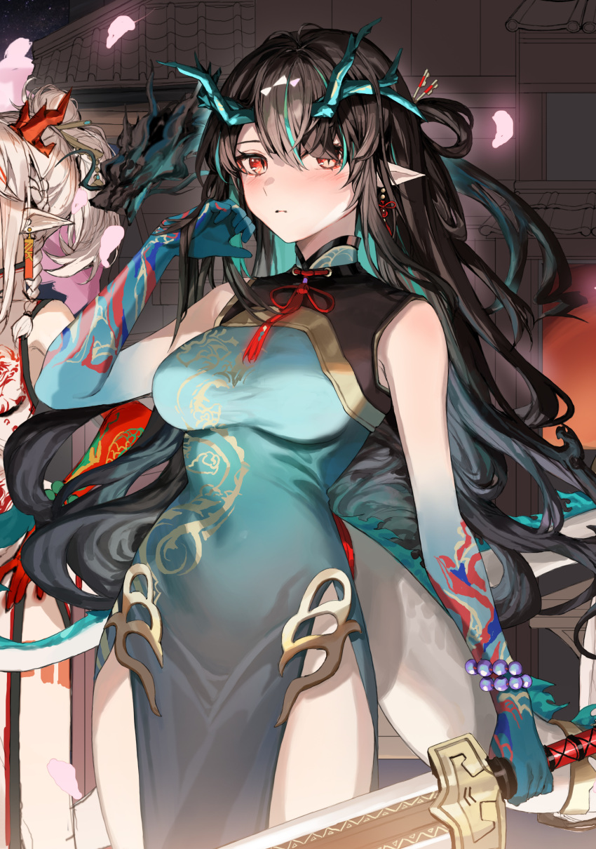 2girls absurdres architecture arknights bead_bracelet beads black_hair blush bracelet braid breasts cherry_blossoms china_dress chinese_clothes closed_mouth colored_skin cowboy_shot dangle_earrings dragon_girl dragon_horns dragon_print dragon_tail dress dusk_(arknights) dusk_(everything_is_a_miracle)_(arknights) earrings east_asian_architecture expressionless gold_trim gradient_skin green_dress green_hair green_horns green_skin hand_in_own_hair highres holding holding_sword holding_weapon horns jewelry long_hair looking_at_viewer medium_breasts molyb multicolored_hair multicolored_skin multiple_girls neck_tassel nian_(arknights) nian_(unfettered_freedom)_(arknights) official_alternate_costume pelvic_curtain petals pointy_ears ponytail red_eyes red_hair red_horns red_skin side_braid side_slit sleeveless sleeveless_dress slit_pupils solo_focus standing streaked_hair sword tail tassel tassel_earrings two-tone_hair wavy_hair weapon white_dress white_hair