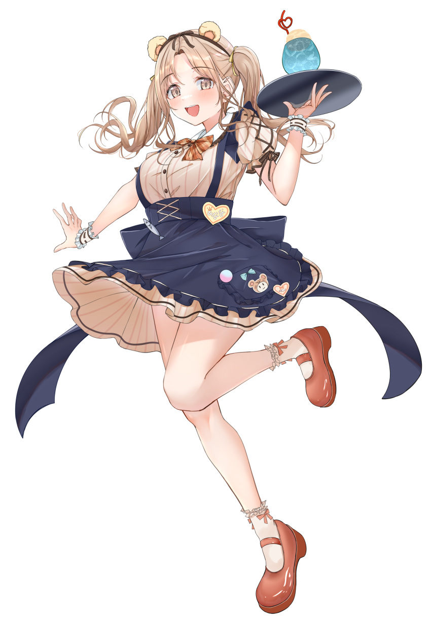 1girl :d absurdres animal_ear_hairband animal_ears bear_ears blue_skirt bow breasts brown_eyes crazy_straw cup dress dress_bow drink drinking_glass drinking_straw fake_animal_ears frilled_skirt frilled_socks frills full_body hair_ribbon hairband heart_straw high-waist_skirt highres holding holding_tray ichikawa_hinana idolmaster idolmaster_shiny_colors kunimine_yuzuki light_brown_hair long_hair looking_at_viewer mary_janes name_tag puffy_short_sleeves puffy_sleeves red_footwear ribbon shoes short_sleeves simple_background skirt smile socks solo striped_clothes striped_dress suspender_skirt suspenders tray twintails vertical-striped_clothes vertical-striped_dress waitress white_background white_socks wrist_cuffs yellow_dress yellow_ribbon