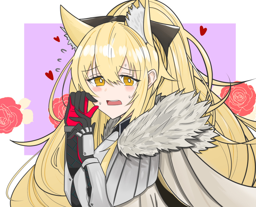 1girl animal_ear_fluff animal_ears arknights arm_guards armor black_bow black_gloves blemishine_(arknights) blonde_hair blush border bow bright_pupils cape commentary embarrassed english_commentary eyes_visible_through_hair flower flower_(symbol) flying_sweatdrops fur-trimmed_cape fur_trim gloves grey_cape hair_between_eyes hair_bow hands_up heart highres horse_ears horse_girl long_hair looking_at_viewer nervous_sweating open_mouth outside_border pink_background portrait red_flower red_gloves red_rose rose solo sweat white_border white_pupils yellow_eyes yosua_0669