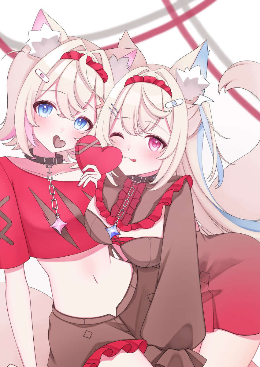 2girls alternate_color animal_ears bandaid bandaid_hair_ornament black_shorts blonde_hair blue_hair blush box breasts candy chocolate cleavage_cutout clothing_cutout cropped_shirt dog_ears dog_girl dog_tail dress food frilled_shorts frills fuwawa_abyssgard fuwawa_abyssgard_(1st_costume) gift hair_ornament hairpin haru_hhmn heart heart-shaped_box heart-shaped_chocolate highres holding holding_box holding_gift hololive hololive_english large_breasts looking_at_viewer mococo_abyssgard mococo_abyssgard_(1st_costume) multiple_girls navel one_eye_closed pink_hair red_dress red_shirt shirt short_dress shorts siblings sidelocks sisters small_breasts smile tail tongue tongue_out twins two_side_up virtual_youtuber x_hair_ornament