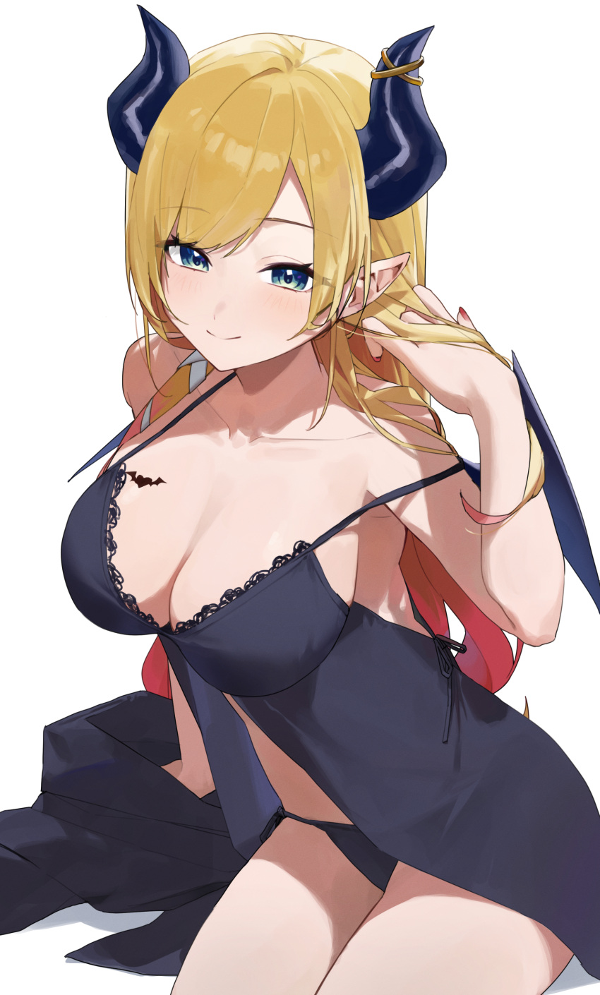 1girl absurdres black_horns black_panties blonde_hair blue_eyes breast_tattoo breasts cleavage closed_mouth d4kou16 demon_girl demon_horns demon_wings hand_in_own_hair hashtag_only_commentary highres hololive horns lace_trim large_breasts leaning_to_the_side legs_together long_hair looking_at_viewer multicolored_hair nightgown panties pointy_ears red_hair red_nails side-tie_panties single_off_shoulder sitting smile solo swept_bangs tattoo underwear virtual_youtuber wings yuzuki_choco