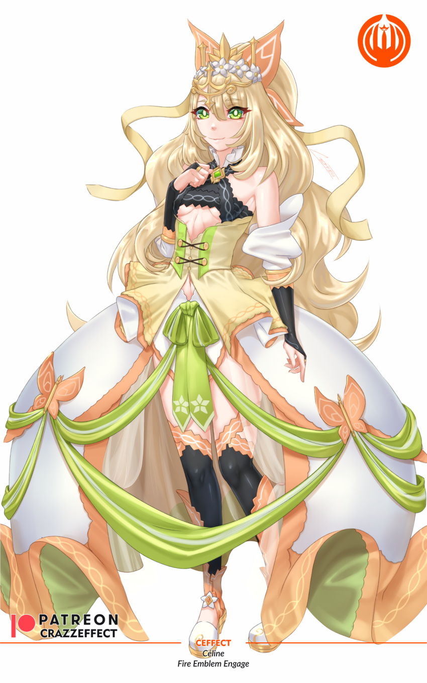 1girl bare_shoulders blonde_hair bow breasts celine_(fire_emblem) commentary commission crazzeffect crown detached_sleeves fire_emblem fire_emblem_engage flower full_body green_bow green_eyes hand_up highres long_hair looking_at_viewer skirt small_breasts smile solo standing underboob very_long_hair white_flower white_skirt