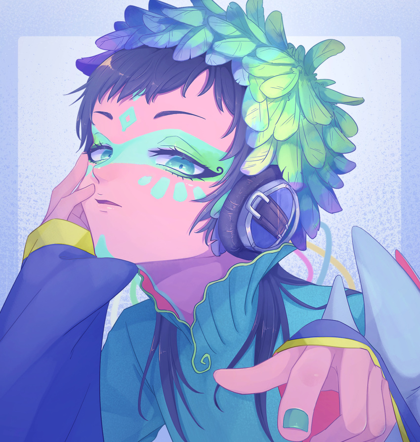 1other aqua_hair artist_name blue_eyes blue_feathers carua_gyuunyuu eyelashes facepaint feathers gnosia green_eyes green_feathers highres looking_at_viewer multicolored_clothes outline purple_feathers raqio simple_background solo upper_body white_background