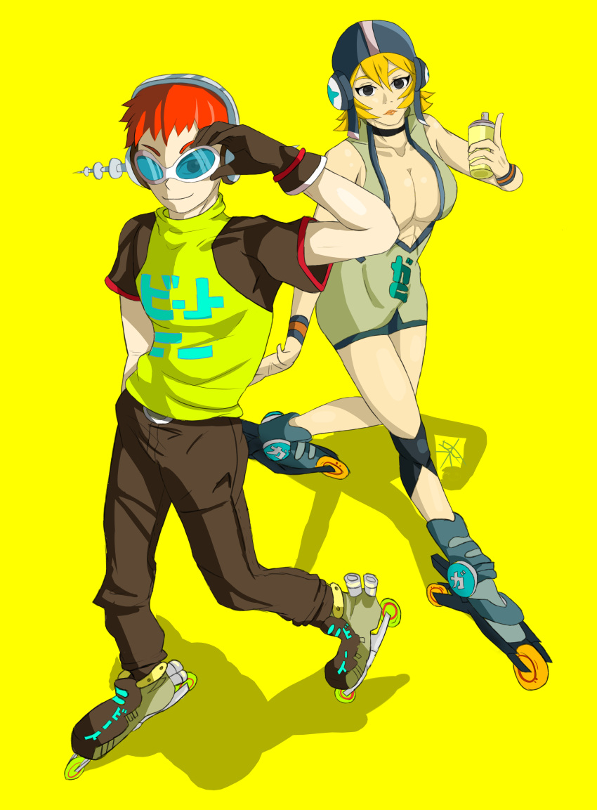 1boy 1girl absurdres beat_(jsr) blonde_hair brartky breasts english_commentary gloves gum_(jsr) headphones helmet highres inline_skates jet_set_radio jet_set_radio_future large_breasts looking_at_viewer roller_skates shirt short_hair skates smile spray_can