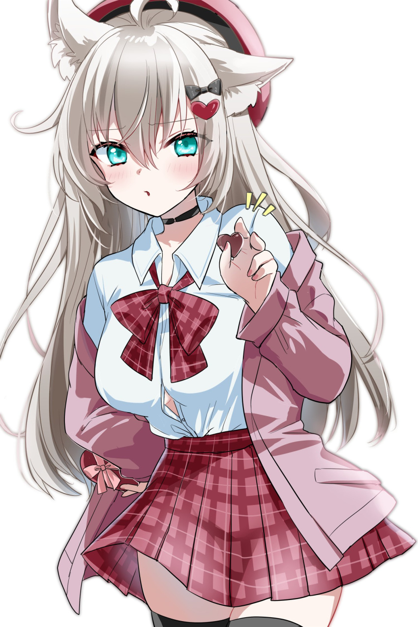 1girl :o ahoge animal_ear_fluff animal_ears beret black_thighhighs blue_eyes blush bow bowtie breasts candy cardigan cat_ears cat_girl chocolate collared_shirt cowboy_shot emphasis_lines food grey_hair hair_between_eyes hand_up hat heart heart-shaped_chocolate high-waist_skirt highres holding holding_chocolate holding_food large_breasts legs_together long_hair miniskirt motohara_moka off_shoulder open_cardigan open_clothes open_mouth original partially_unbuttoned pink_cardigan plaid plaid_bow plaid_bowtie plaid_skirt pleated_skirt red_bow red_bowtie red_headwear red_skirt shirt shirt_tucked_in sidelocks simple_background skirt solo thighhighs thighs white_background white_shirt wing_collar zettai_ryouiki