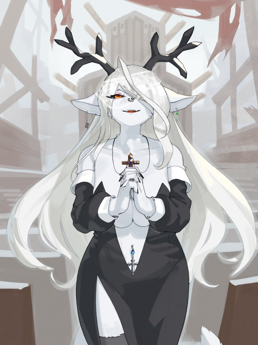 2024 anthro antlers big_breasts black_sclera breasts clasped_hands cleavage clothed clothing cross ear_piercing female fur hair hi_res holding_cross holding_object horn jewelry kame_3 legwear long_hair looking_up mammal navel navel_piercing necklace no_bra nun_outfit one_eye_obstructed open_mouth piercing red_eyes solo standing teeth thigh_highs tongue white_body white_fur white_hair