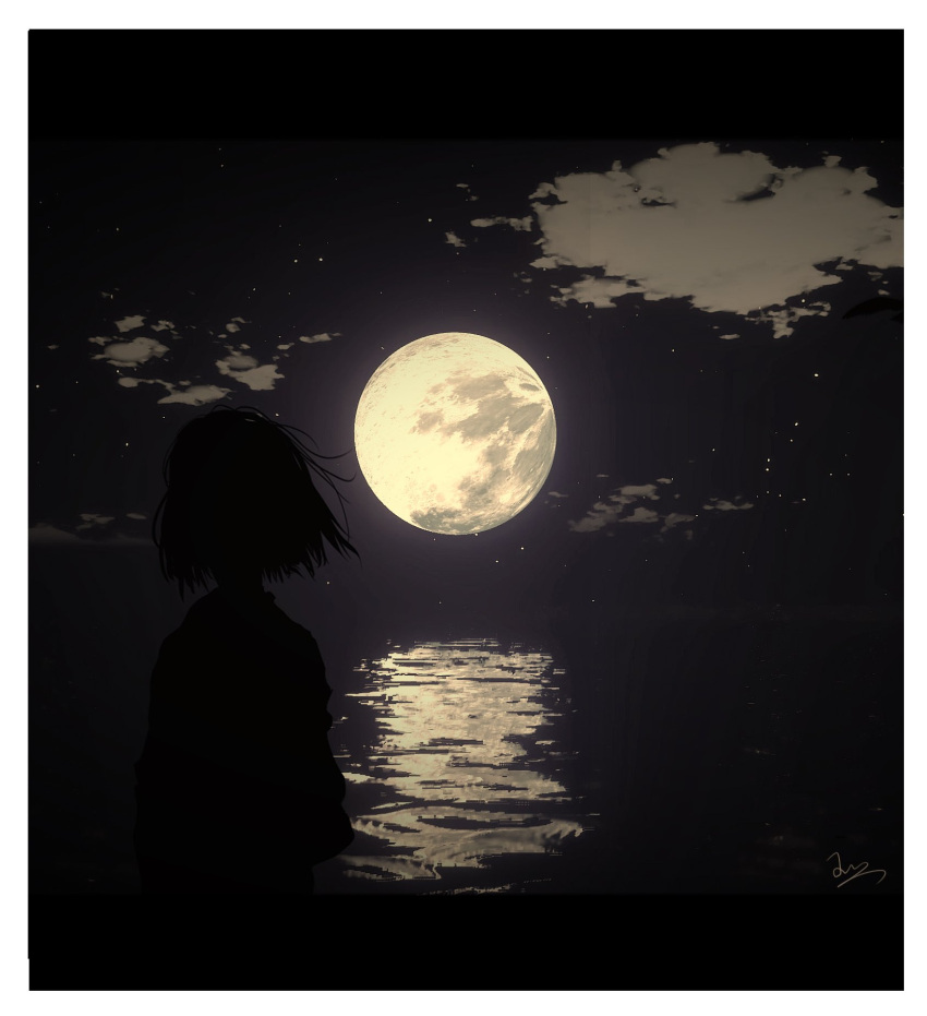 1girl bob_cut border cloud cloudy_sky full_moon glowing highres horizon moon night night_sky original outdoors reflection reflective_water scenery shirt short_hair signature sky skyrick9413 solo star_(sky) water white_border