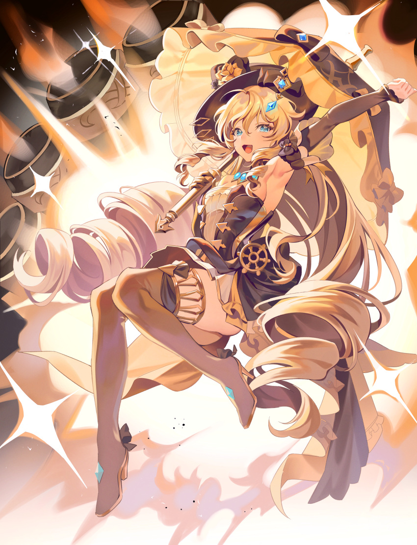 1girl :d absurdres arm_up armpits black_dress black_footwear black_headwear black_sleeves blonde_hair blue_eyes blue_gemstone boots breasts cleavage clenched_hand commentary detached_sleeves diamond_(shape) dress drill_hair explosion full_body gem genshin_impact gyum_(myyyyyon) hair_between_eyes hat high_heels highres holding holding_umbrella knees_together_feet_apart long_hair looking_at_viewer midair navia_(genshin_impact) open_mouth sidelocks skindentation sleeves_past_wrists small_breasts smile solo sparkle strapless strapless_dress thigh_boots thighs twin_drills umbrella under_umbrella very_long_hair zettai_ryouiki