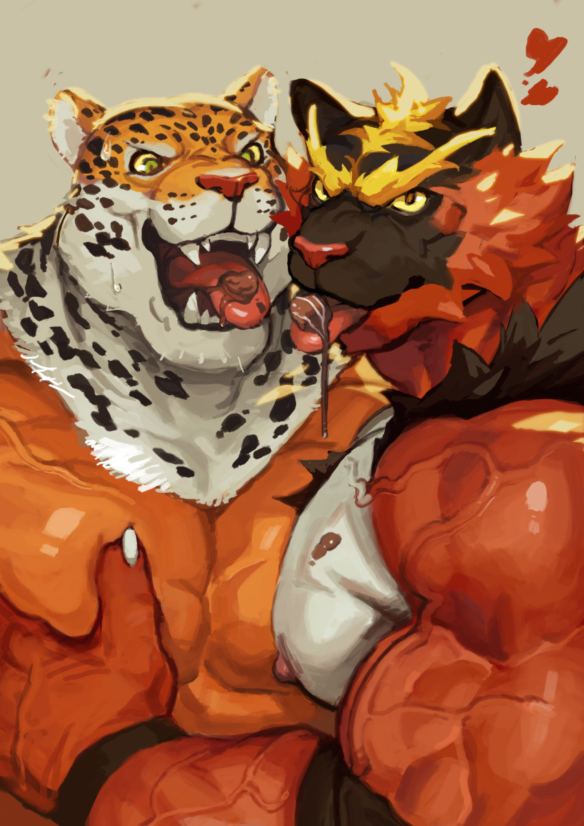 &lt;3 2024 absurd_res animal_head anthro candy chocolate dessert duo eyebrows felid food for_a_head fur generation_7_pokemon green_eyes grey_body grey_fur hi_res holidays humanoid incineroar jaguar king_(tekken) male mammal markings muscular muscular_anthro muscular_male nintendo nipples orange_body orange_fur pantherine pecs pokemon pokemon_(species) red_body red_fur red_nose spots spotted_body spotted_fur tan_body tan_skin tekken thick_eyebrows tongue tongue_out traver009 valentine's_day white_body white_fur yellow_sclera