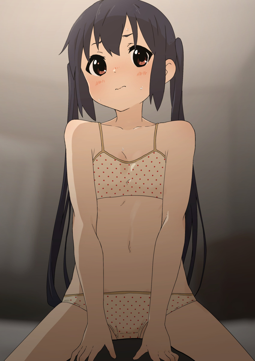 1girl 1other absurdres black_hair blurry blurry_background blush bra breasts brown_eyes cleavage closed_mouth collarbone girl_on_top highres k-on! kicchi_(tmgk) long_hair nakano_azusa panties polka_dot polka_dot_bra polka_dot_panties small_breasts solo_focus twintails underwear underwear_only white_bra white_panties