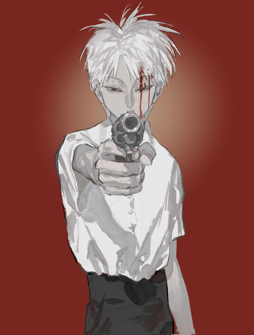 1boy aiming aiming_at_viewer akagi:_yami_ni_oritatta_tensai akagi_shigeru black_pants blood blood_on_face brown_eyes commentary_request fukumoto_mahjong gun handgun highres holding holding_gun holding_weapon horro26810047 looking_at_viewer male_focus medium_bangs pants red_background revolver shirt short_hair short_sleeves solo weapon white_hair white_shirt