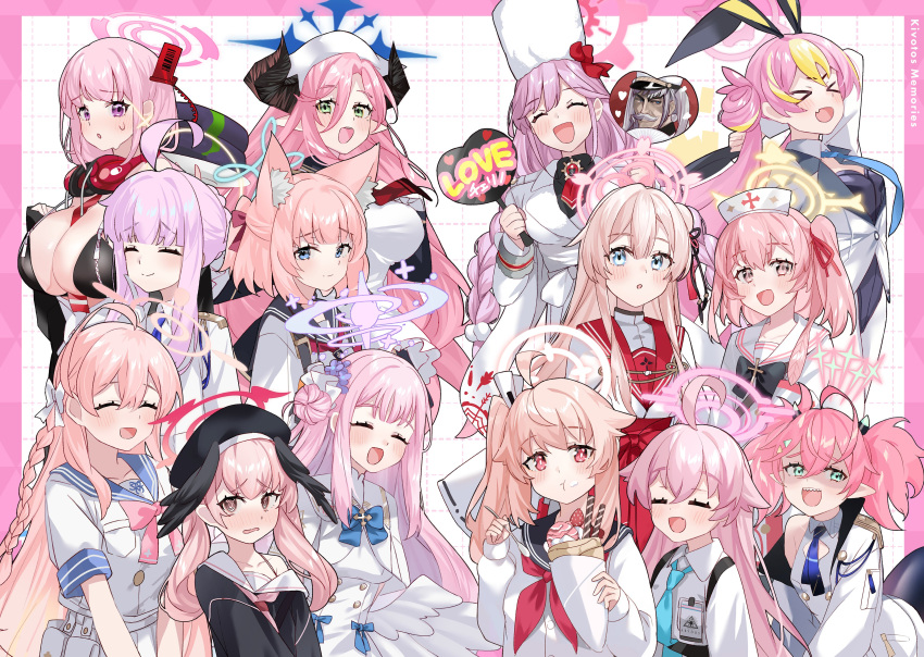 &gt;_&lt; 6+girls :d absurdres ahoge animal_ears black_bow black_bowtie black_bra black_serafuku blonde_hair blue_archive blue_bow blue_bowtie blue_eyes blue_necktie blue_sailor_collar blush bow bowtie bra braid breast_zipper breasts closed_mouth coat color_connection comiket_101 commentary_request crossed_bangs demon_horns detached_collar dress eimi_(blue_archive) fang flower food formal fox_ears gloves green_eyes hair_bow hair_bun hair_color_connection hair_flower hair_ornament hair_ribbon hair_scrunchie halo hanako_(blue_archive) head_scarf headphones headphones_around_neck highres holding holding_food horns hoshino_(blue_archive) juri_(blue_archive) kaya_(blue_archive) koharu_(blue_archive) koyuki_(blue_archive) koyuki_(bunny)_(blue_archive) large_breasts long_hair long_sleeves looking_at_viewer mika_(blue_archive) mimori_(blue_archive) momoka_(blue_archive) multicolored_hair multiple_girls natsu_(blue_archive) neckerchief necktie niko_(blue_archive) off_shoulder open_mouth parted_lips pink_eyes pink_hair pink_halo pink_ribbon pointy_ears purple_eyes purple_hair red_neckerchief ribbon sailor_collar school_uniform scrunchie serafuku serina_(blue_archive) shiromoca short_hair side_ponytail single_side_bun skin_fang smile streaked_hair suit tearing_up textless_version tomoe_(blue_archive) trait_connection twintails underwear white_bow white_coat white_dress white_gloves white_sailor_collar white_suit white_wings wings xd