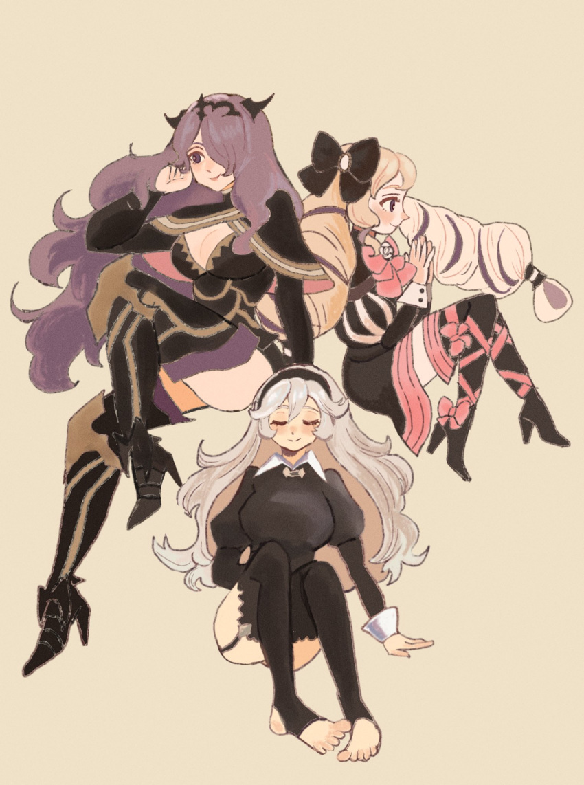 3girls blonde_hair camilla_(fire_emblem) chimney_(chimney0311) closed_eyes corrin_(female)_(fire_emblem) corrin_(fire_emblem) elise_(fire_emblem) facing_viewer fire_emblem fire_emblem_fates highres looking_to_the_side multicolored_hair multiple_girls purple_hair siblings sisters streaked_hair white_hair