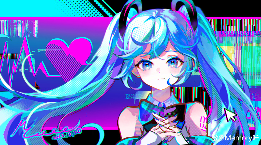 1girl absurdres bare_shoulders black_background black_bow black_bowtie blue_background blue_eyes blue_hair blue_nails blue_sleeves bow bowtie cardiogram chinese_commentary closed_mouth collared_shirt colorful commentary_request dated detached_sleeves eyelashes glitch hair_ornament hatsune_miku heart highres light_blush light_smile long_hair looking_at_viewer mie_haha nail_polish number_tattoo own_hands_together plaid_sleeves polka_dot polka_dot_background shirt shoulder_tattoo signature sleeveless sleeveless_shirt sleeves_past_wrists solo tattoo twintails two-tone_background two-tone_sleeves upper_body vocaloid watermark weibo_logo weibo_username white_shirt white_sleeves