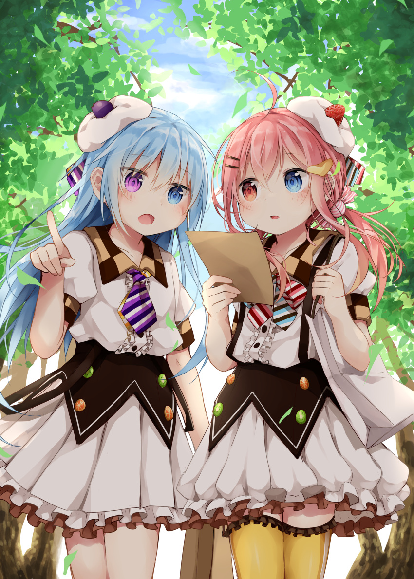 2girls absurdres bag blue_eyes blue_hair blue_sky blush center_frills cloud cloudy_sky collared_shirt day dress_shirt frilled_skirt frilled_thighhighs frills heterochromia highres holding_strap long_hair low_twintails multiple_girls open_mouth original outdoors paper_bag pink_hair pleated_skirt pointing purple_eyes satou_saya shirt skirt sky thighhighs tree twintails very_long_hair white_shirt white_skirt yellow_thighhighs