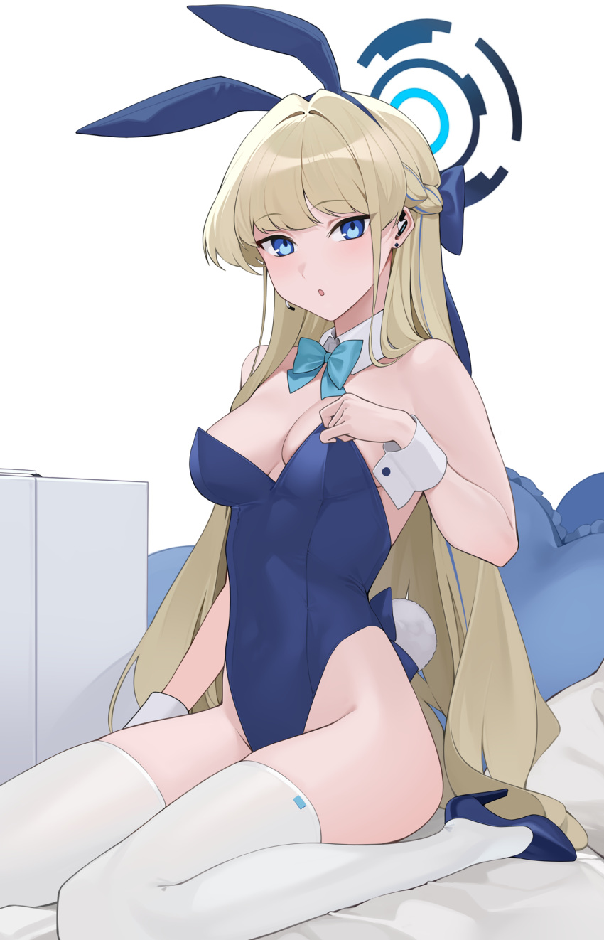 1girl animal_ears blonde_hair blue_archive blue_bow blue_eyes blue_footwear blue_hair blue_halo blue_leotard bow braid breasts detached_collar fake_animal_ears fake_tail halo high_heels highres kuen_(kuennn12) leotard long_hair looking_at_viewer medium_breasts multicolored_hair official_alternate_costume parted_lips playboy_bunny rabbit_ears rabbit_tail simple_background solo strapless strapless_leotard streaked_hair tail thighhighs toki_(blue_archive) toki_(bunny)_(blue_archive) white_background white_thighhighs wrist_cuffs