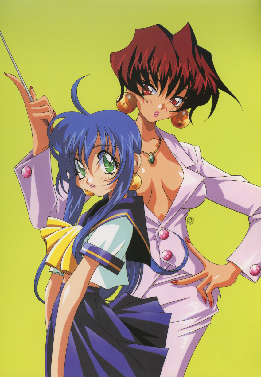 1990s_(style) 2girls absurdres ahoge blue_hair blue_skirt center_opening green_background green_eyes hand_on_own_hip highres holding holding_pointer index_finger_raised kotobuki_tsukasa lime_(saber_j) long_hair long_sleeves multiple_girls nail_polish necktie non-web_source official_art parted_lips pencil_skirt pink_lips pleated_skirt pointer red_eyes red_hair red_nails retro_artstyle saber_marionette_j scan school_uniform short_hair short_sleeves simple_background skirt tiger_(saber_j)