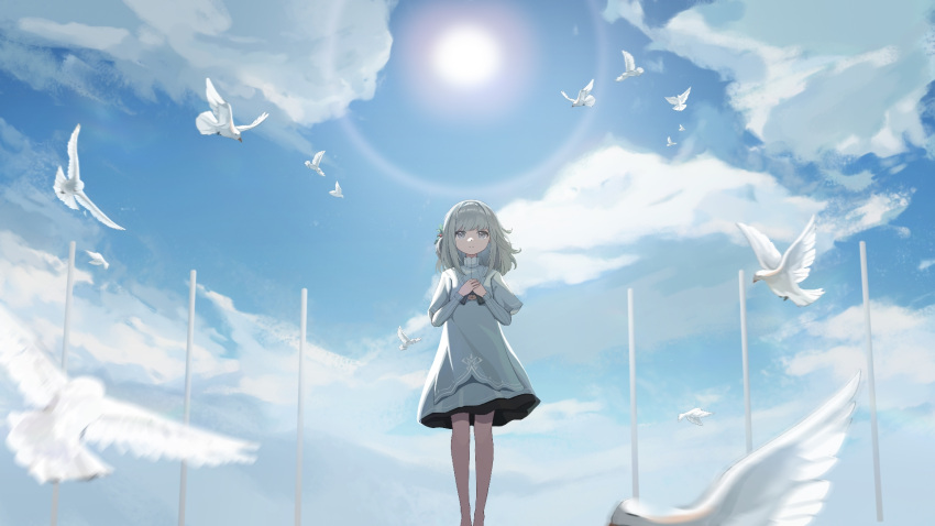 1girl aged_down bare_legs bird black_bow black_bowtie blue_sky blurry blurry_foreground bow bowtie cloud dove dress feet_out_of_frame flagpole grey_eyes grey_hair hair_bun hands_on_own_chest highres layered_sleeves lens_flare long_sleeves looking_at_viewer medium_hair outdoors reverse:1999 short_dress short_over_long_sleeves short_sleeves single_side_bun sky smile solo sun vertin_(reverse:1999) weimu_vmovie white_bird white_dress wide_shot